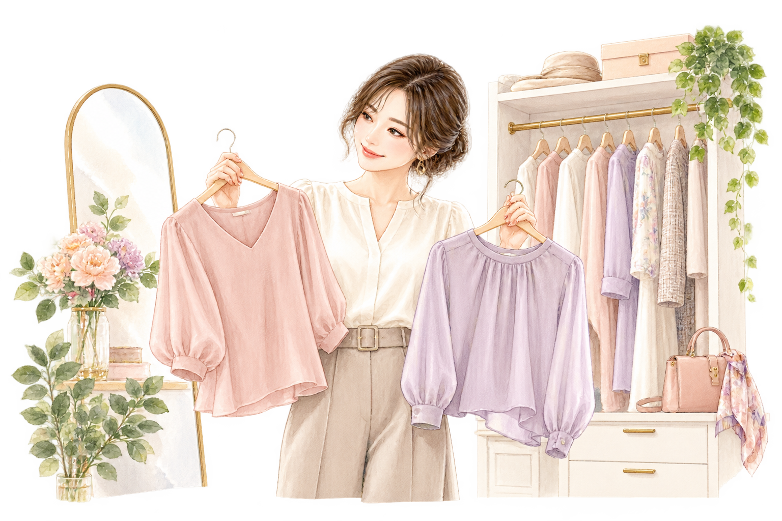 クローゼットの前で似合う服を選ぶ女性