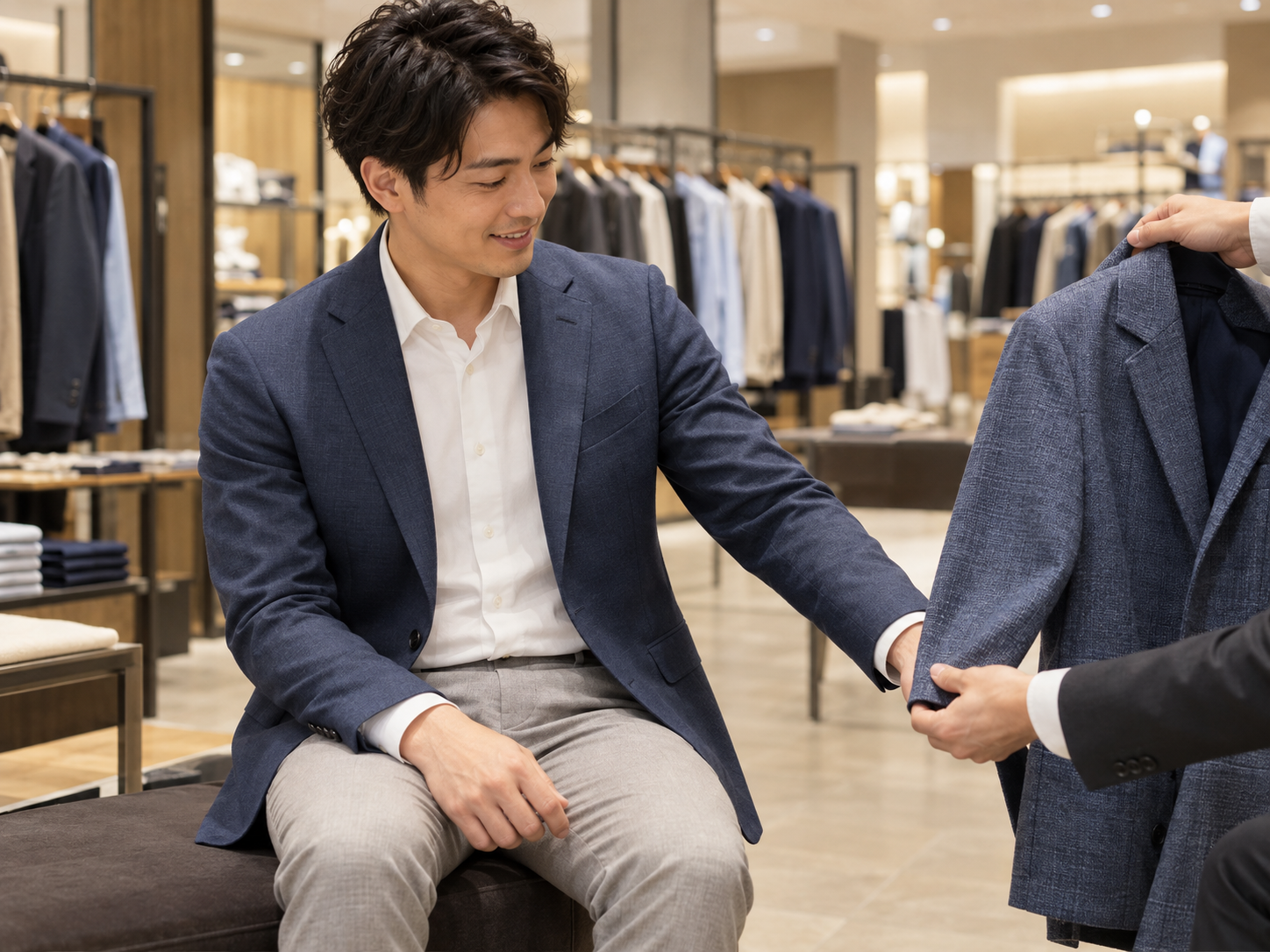 婚活に合うジャケットを選ぶ若い男性