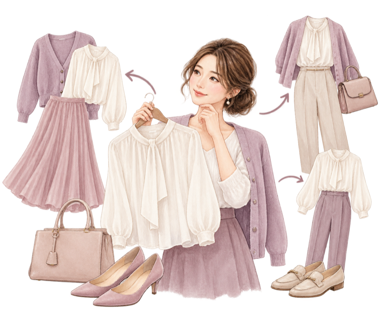 購入品と手持ち服の着回しを考える様子